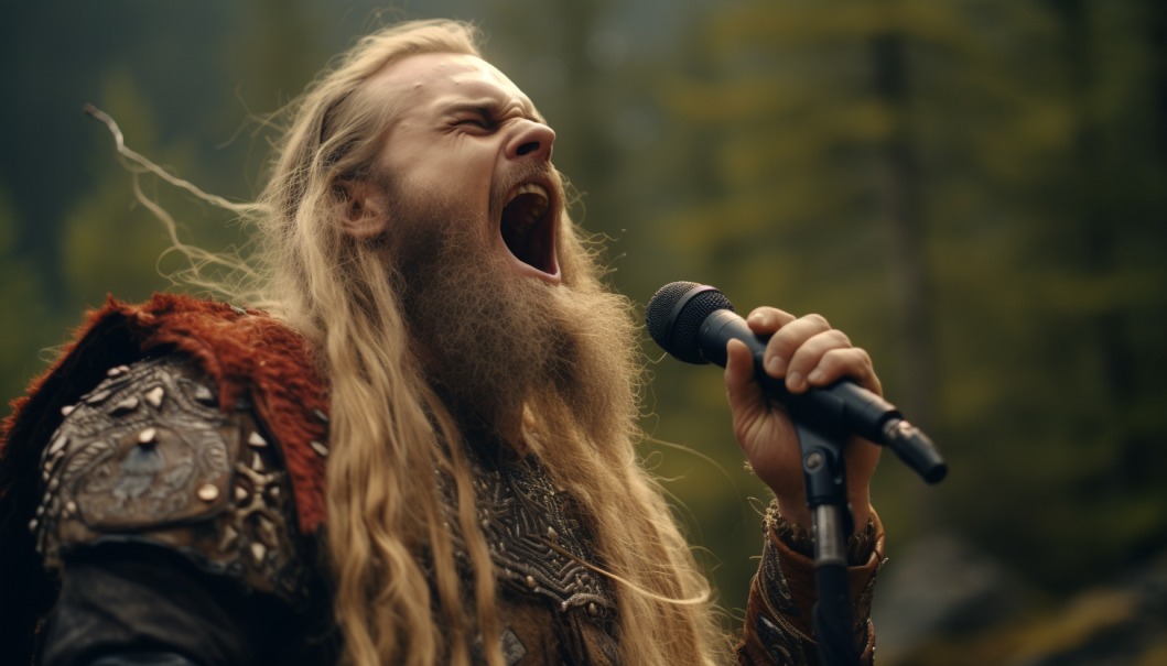 skald viking avec un micro confectionné par Loki chantanr pour la remise des bracelets de promesse
