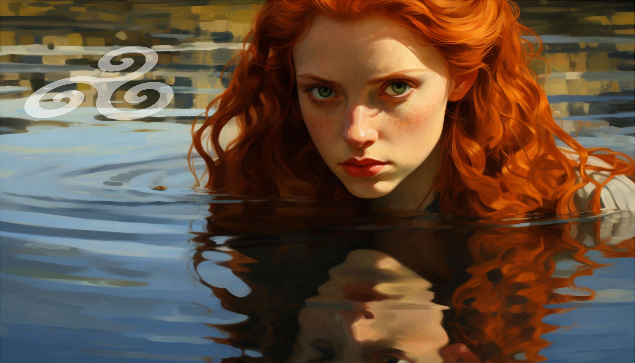 Belle fille rousse regardant son reflet avec trisquel flottant sur la rivière