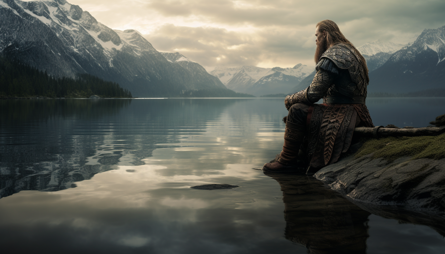 un viking regarde son reflet dans un lac