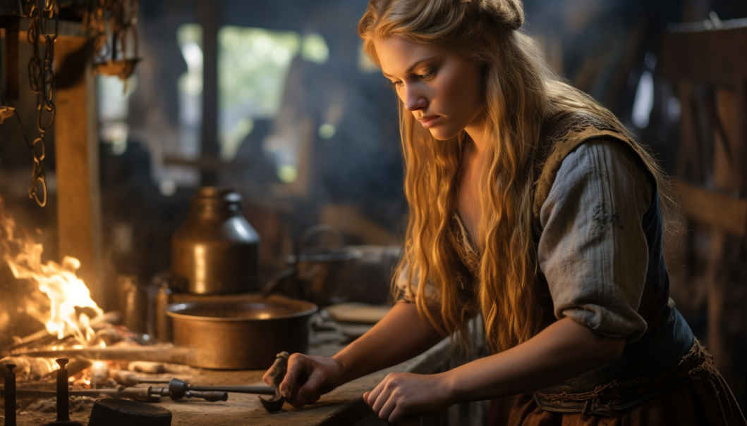 Une femme viking façonne un bracelet nnordique