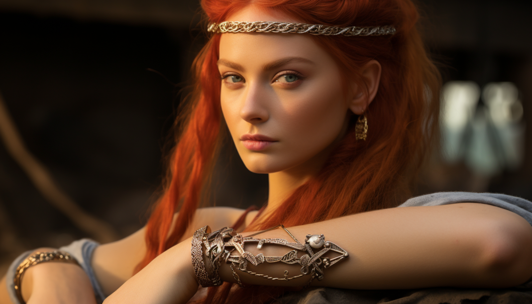 Valkyrie viking rousse montre son nouveau bracelet en or