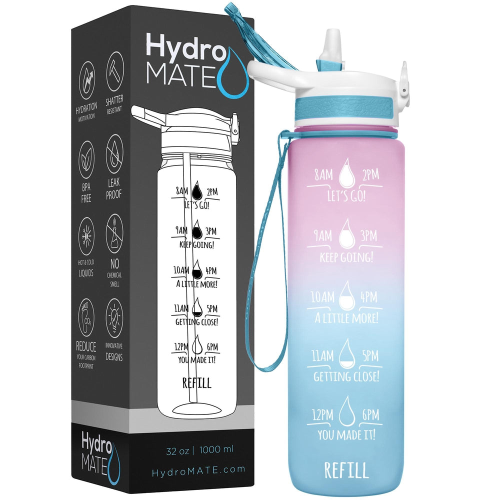 HydroMATE 32 oz Water Bottle with Time Markings Straw Lid Pink Aqua -  HydroMate