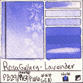 PB29 PV3 PW6 Rosa Gallery Lavender Watercolor Paint Pigment Database Handprint Color Chart