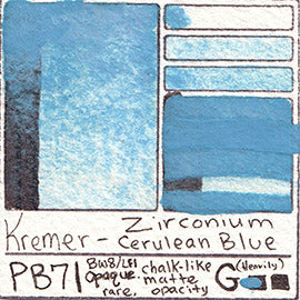 PB71 Kremer Pigments Zirconium Cerulean Blue pigment database swatch card water color watercolor art color