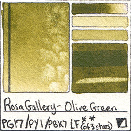 PG17 PY1 PBk7 Rosa Gallery Watercolor Olive Green Pigment Database Color Chart Swatch Card