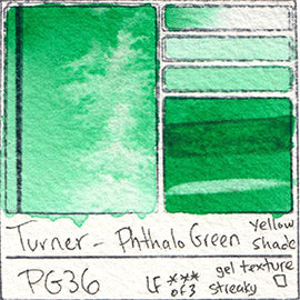 PG36 Turner Watercolor Phthalo Green YELLOW SHADE Color Art Pigment Database Swatch Card