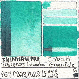 PG7 PB28 PW18 Shinhan Pro Designers Gouache Cobalt Green Pale fugitive dye pigment color lightfast fade test swatch card art image