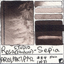 PR101 PBk7 PY42 Rosa Gallery STUDIO Sepia student grade pigment art swatch color card colour sonnet comparison