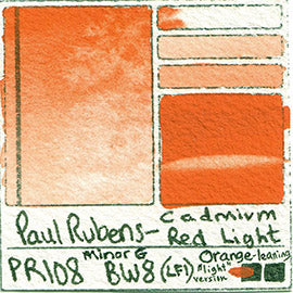 PR108 Paul Rubens Standard Pan Cadmium Red Light swatch card pigment art set half full pan lightfast fugitive art