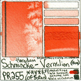 PR255 Schmincke Horadam Vermilion Hue watercolor art pigment swatch pro professional masstone diluted fade
