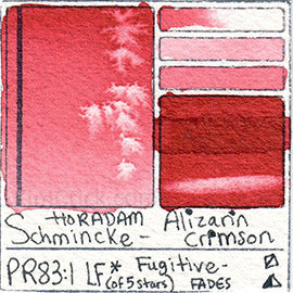 PR83:1 Schmincke Horadam Alizarin Crimson art color pigment swatch card masstone diluted test granulating