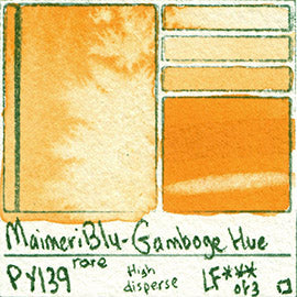 PY139 Maimeri Blu Watercolor Swatch Gamboge Hue database pigment hue color vibrant opaque