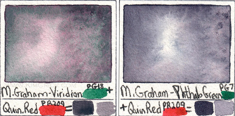 Viridian and quin cherry coral pg18 and pr209 mixing neutral gray watercolor granulation