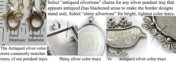 Difference between shiny and antiqued silver necklace chains pendant tray DIY