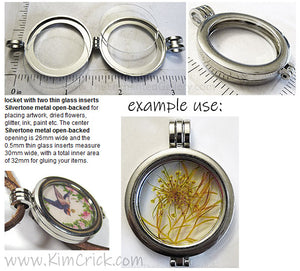 Silvertone Metal Locket Pendant With Thin Glass Inserts Holds Photo Keepsakes Dried Flowers Etc.