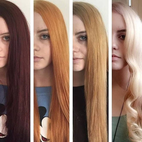 Stages of lightening hair from black to blonde 