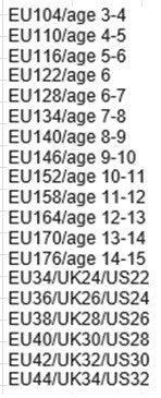 european sizes for children's clothes