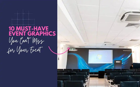 10 Must-Have Event Graphics displayed in a modern conference room with a blue-themed design