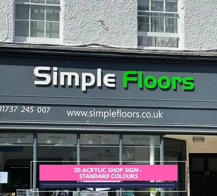 Shopfront displaying “Simple Floors” 3D acrylic signage in standard colours
