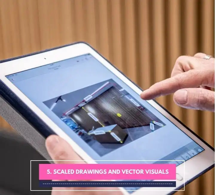 Person using a tablet to view scaled drawings and vector visuals of a wall design