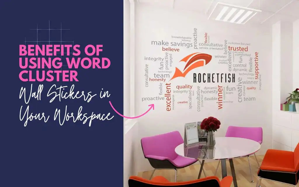 Office wall with Rocketfish word cluster sticker highlighting workspace benefits