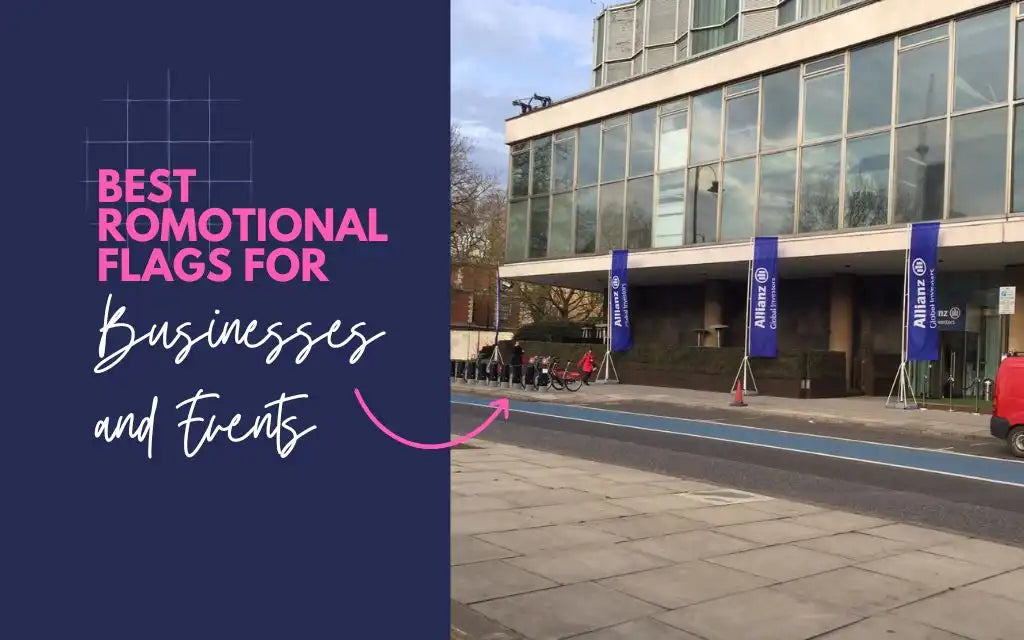 Promotional flags outside a modern building with text overlay about business and event flags