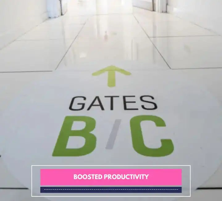 A wayfinding signage on the floor that reads ‘B/C Gates’ with arrow.