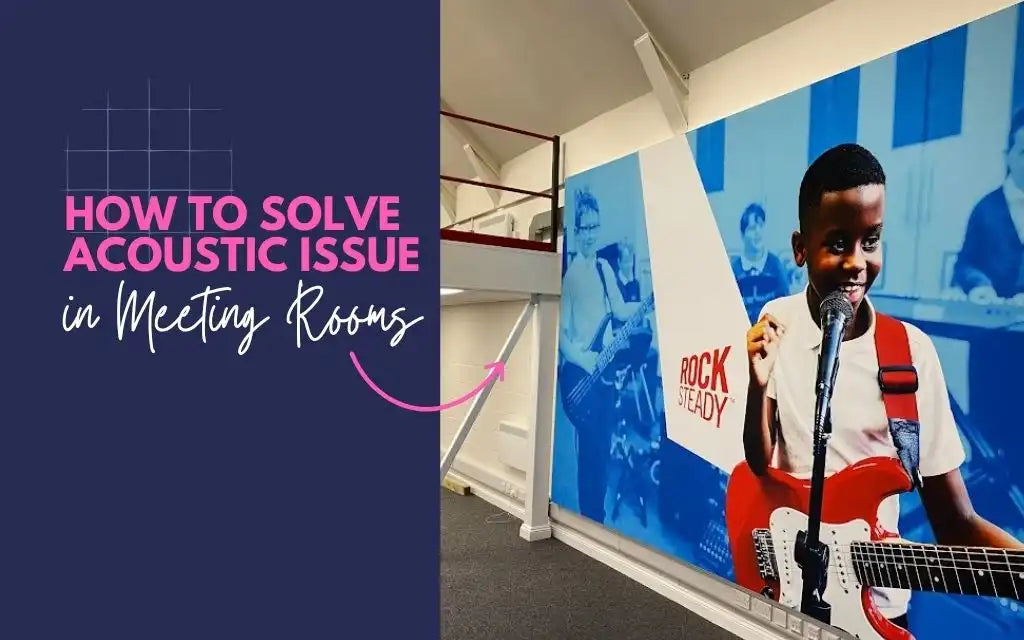 Wall mural of a young boy singing and playing guitar with acoustic panel setup