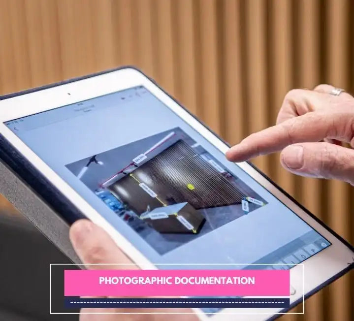 Person using a tablet to review annotated site photo for documentation purposes