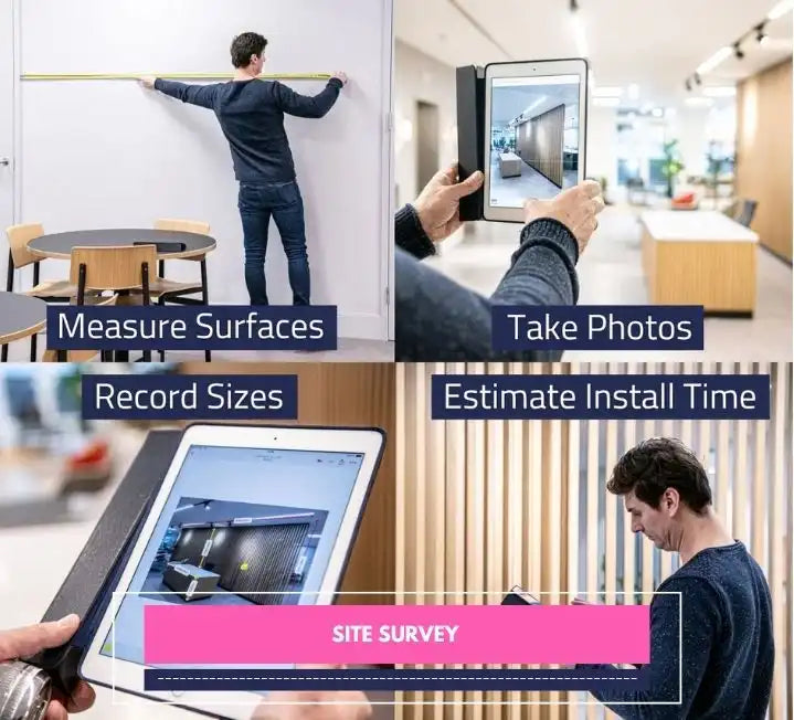 Man conducts site survey by measuring, photographing, recording sizes, and planning instalL