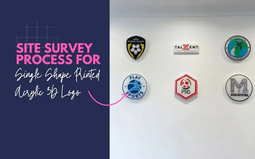 Site survey process graphic with wall-mounted single shape printed acrylic 3D logo