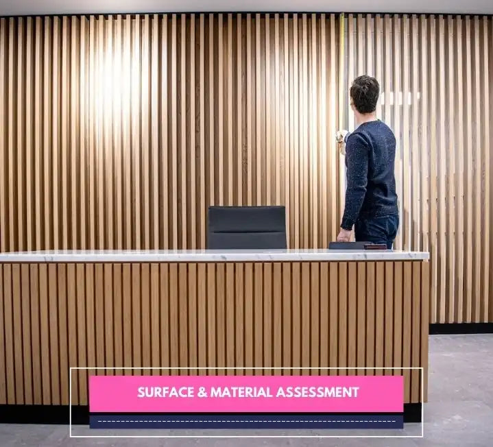 Person inspecting a wooden slat wall behind a modern reception desk.