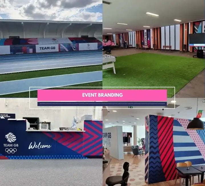 Collage of Team GB-branded event spaces, including a track, lounge, welcome desk, and decorated wall