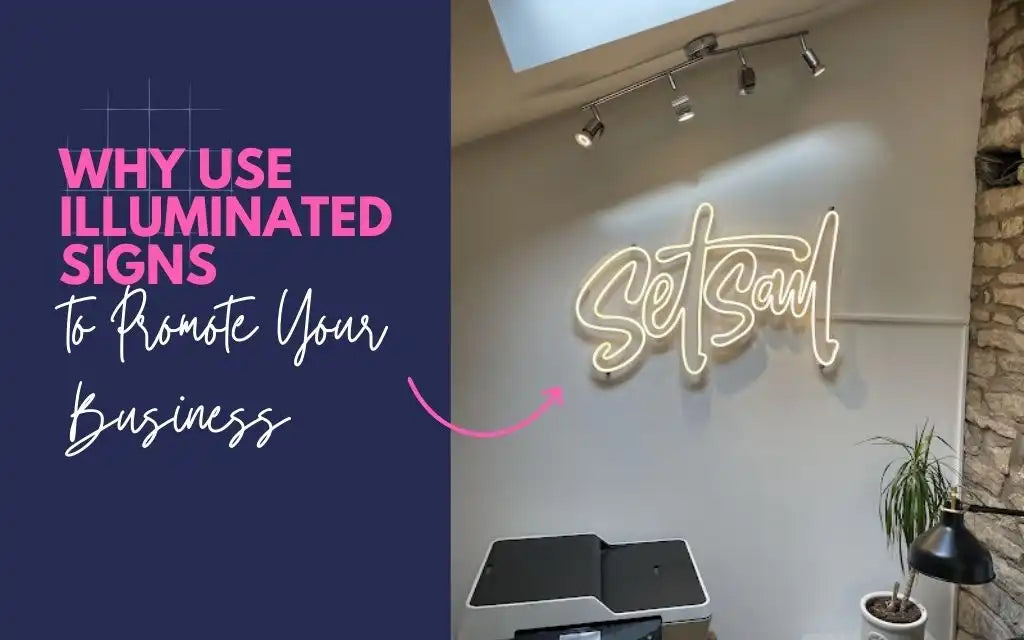 Modern office wall with glowing ‘set sail’ neon sign and promotional text overlay