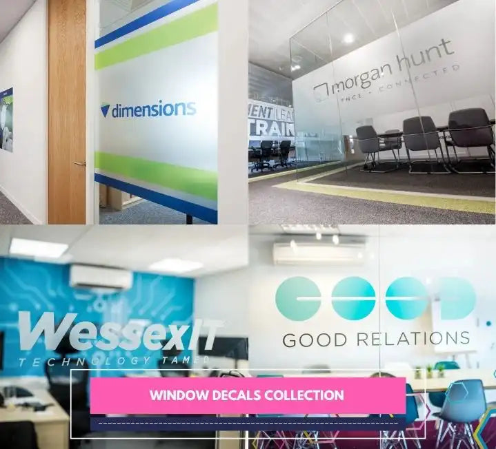 Collage of modern office window decals with logos from four different companies