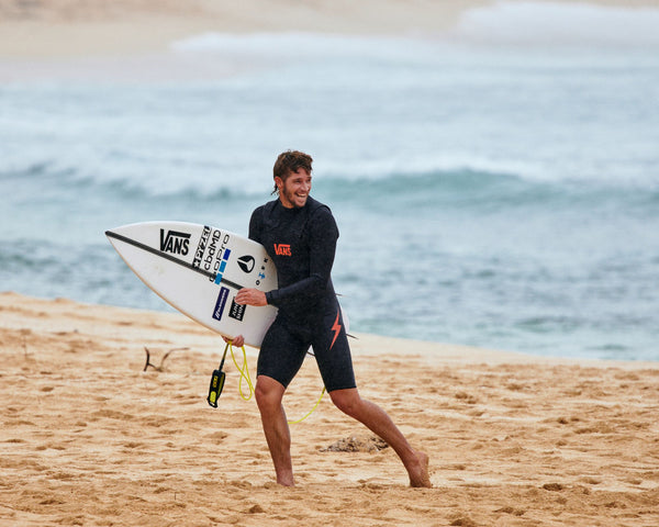 Blenders Entourage athlete Nathan Florence on the sands after a long day surfing