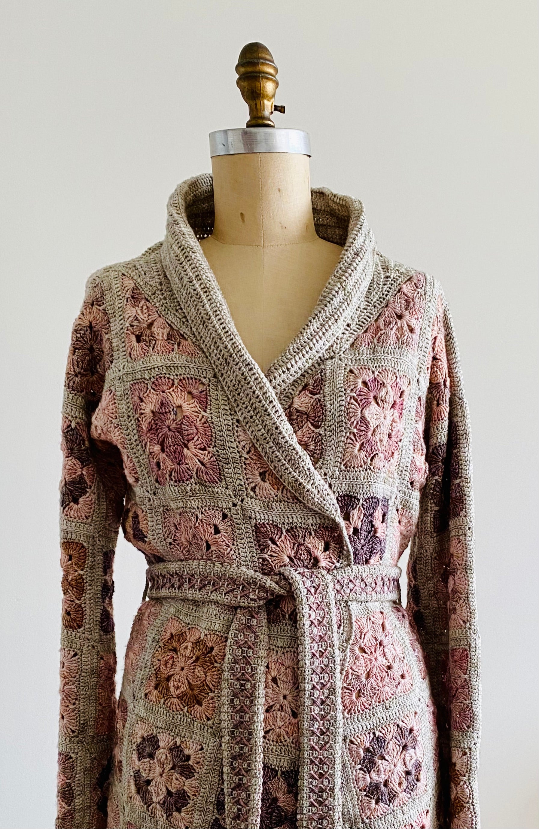 Crocheted Cardigan with a Shawl Collar and a Reversible Embroidered Belt