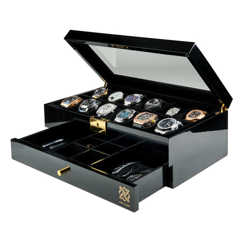 Black Edition Military 10 Slot Watch Box for Men, Glass Top Display, Valet  Tray, Watch Pillow Stands - Walmart.com