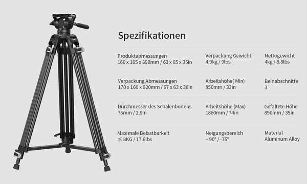 Smallrig tripod 3751 detaljer, tekniske data, det perfekte stativet, video stativ, fluid head