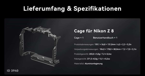 Obsah balení Specifikace Smallrig 3940 Camera Cage Nikon Z8