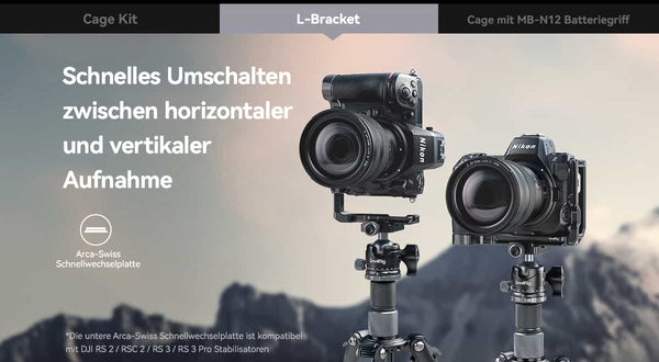 Nikon Z8, support en L, plaque de dégagement rapide Arca Swiss, format portrait, options de montage
