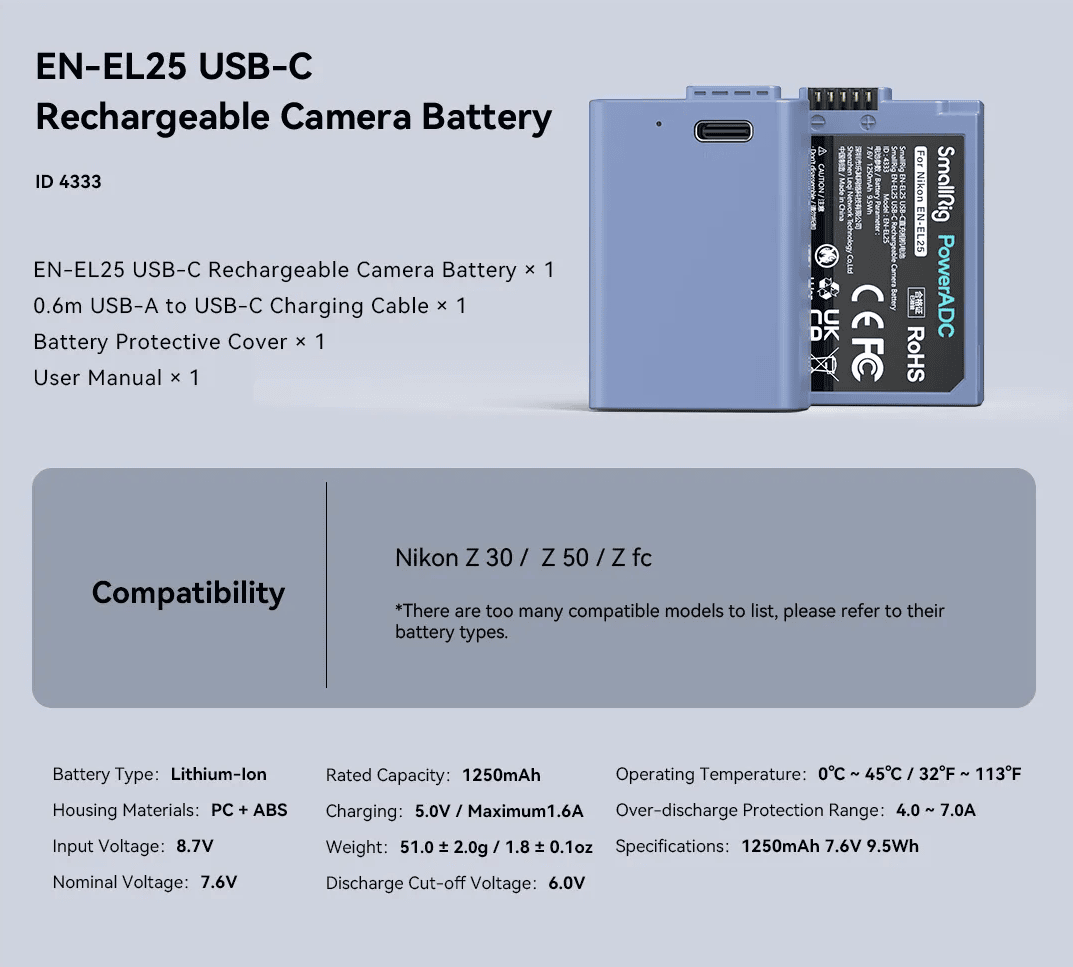 EN-EL25a USB-C újratölthető kamera akkumulátor, műszaki adatok