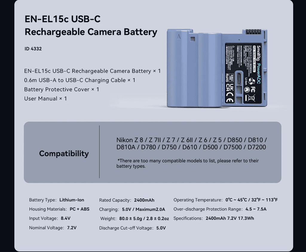 Batterie Smallrig 4332 EN-EL15c contenu de la livraison