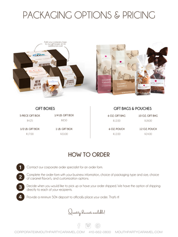 corporate order pricing and packaging info sheet with images of product examples