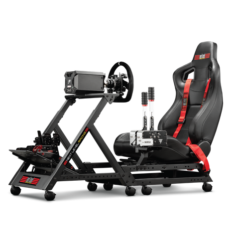 Next Level Racing GTTrack racing simulator cockpit with accessories attached