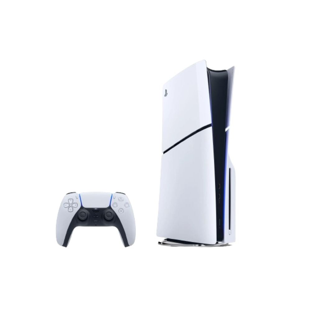 PlayStation 5 slim console with disc drive and controller