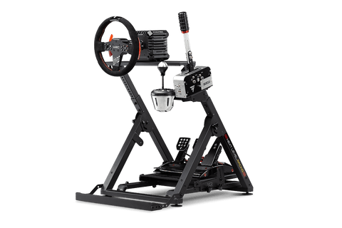 Next Level Racing wheel stand 2.0 with wheel and accessories attached