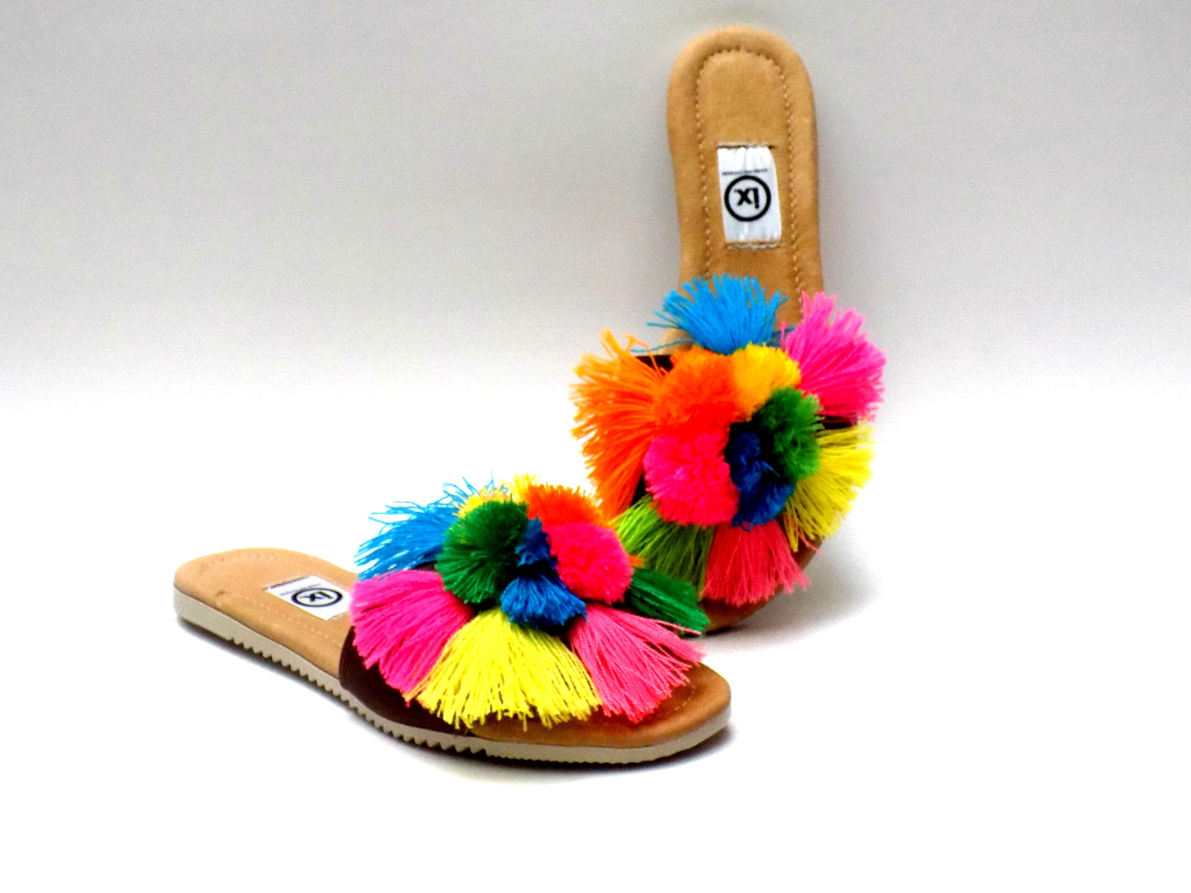 Pom Pom Slip On Sandals Multi Color 