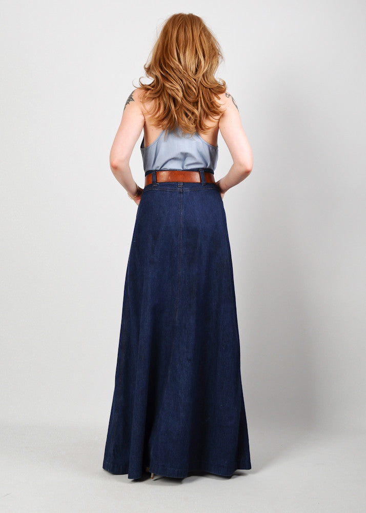 high waisted denim maxi skirt