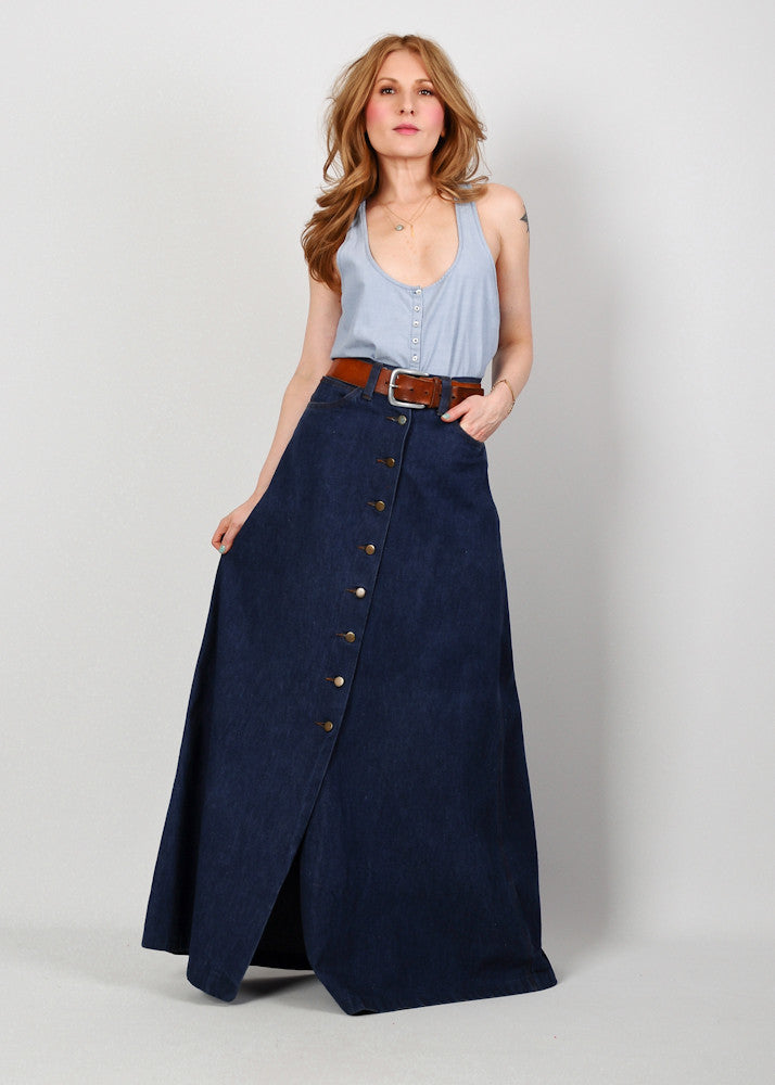 high waisted denim maxi skirt